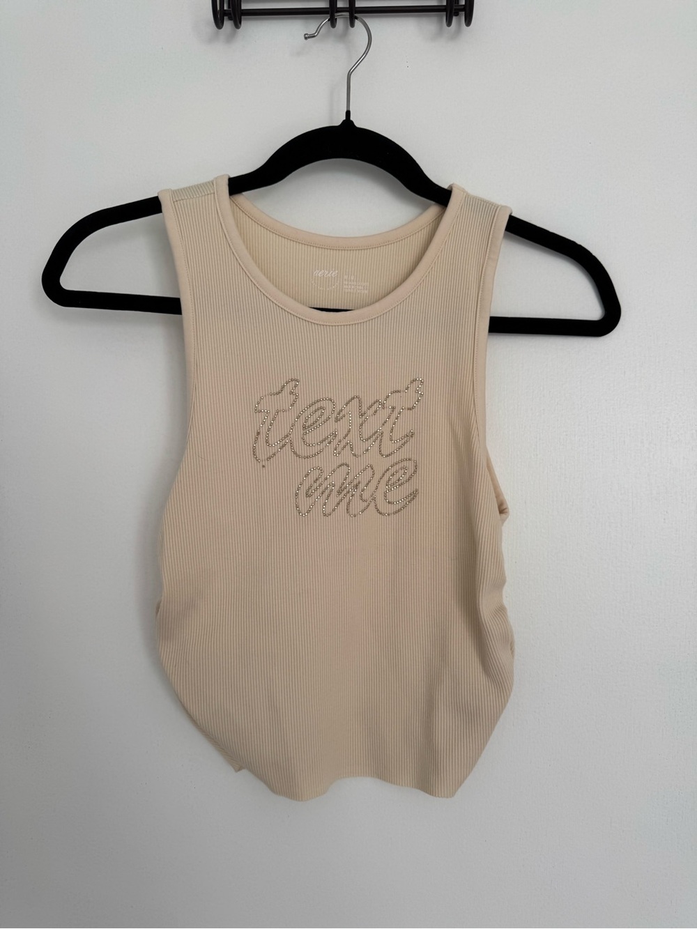 aerie Beige Ribbed 'text me' Rhinestone Tank Top